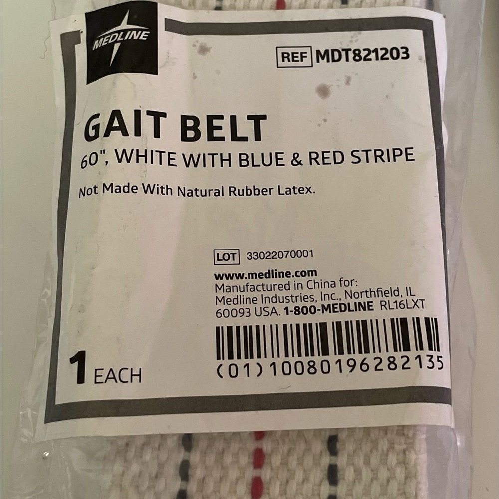 Medline Gait Transfer Belt REF MDT821203 60" white red blue striped